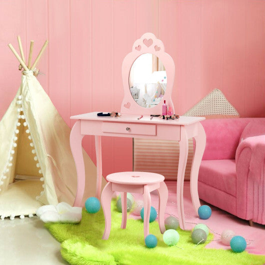Costway Kids Princess Makeup Dressing Play Table Set with Mirror -Pink LuxuryLifeWay Online Store