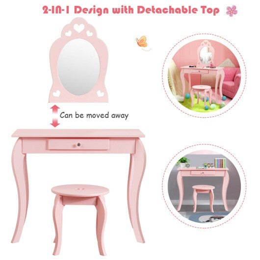 Costway Kids Princess Makeup Dressing Play Table Set with Mirror -Pink LuxuryLifeWay Online Store