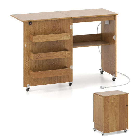 Costway Sewing Machine Table with Charging Station and Lockable Casters-Natural LuxuryLifeWay Online Store