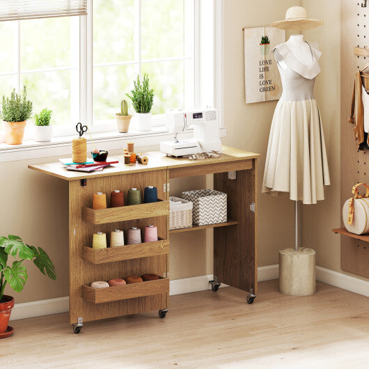 Costway Sewing Machine Table with Charging Station and Lockable Casters-Natural LuxuryLifeWay Online Store
