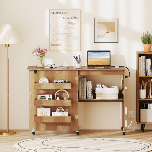 Costway Sewing Machine Table with Charging Station and Lockable Casters-Natural LuxuryLifeWay Online Store