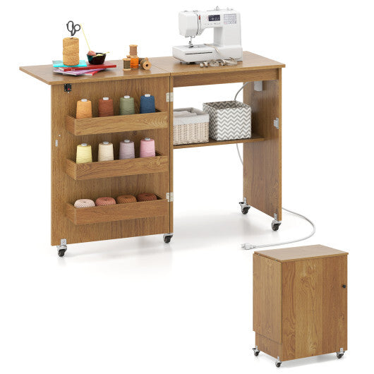 Costway Sewing Machine Table with Charging Station and Lockable Casters-Natural LuxuryLifeWay Online Store