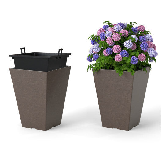 Costway Set of 2 Square Taper Planter with Removable Inner Bucket and Optional Drainage Hole-S