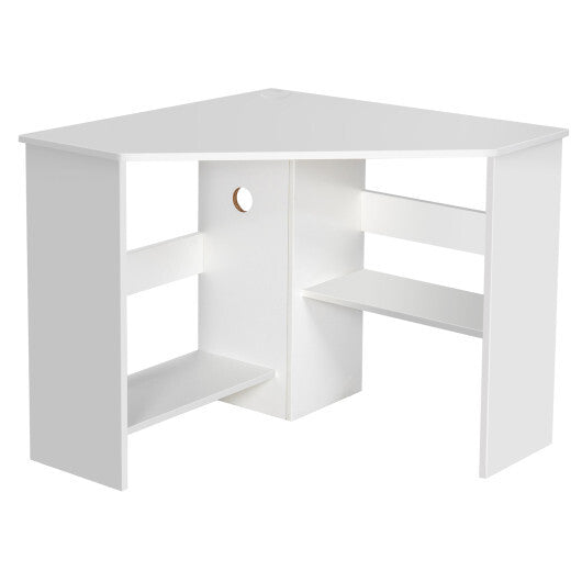Costway Corner Computer Desk Triangle Writing Workstation with Storage Shelf White LuxuryLifeWay Online Store