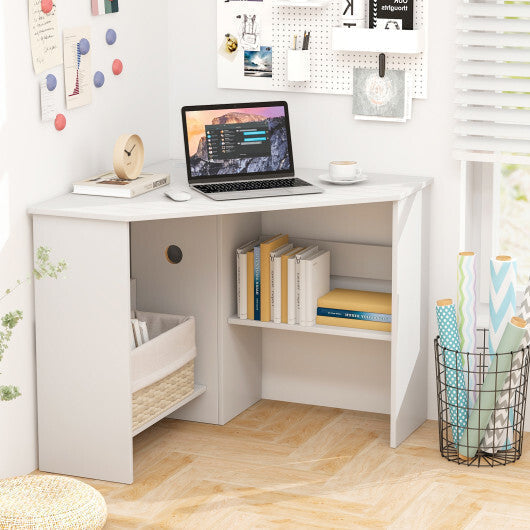 Costway Corner Computer Desk Triangle Writing Workstation with Storage Shelf White LuxuryLifeWay Online Store