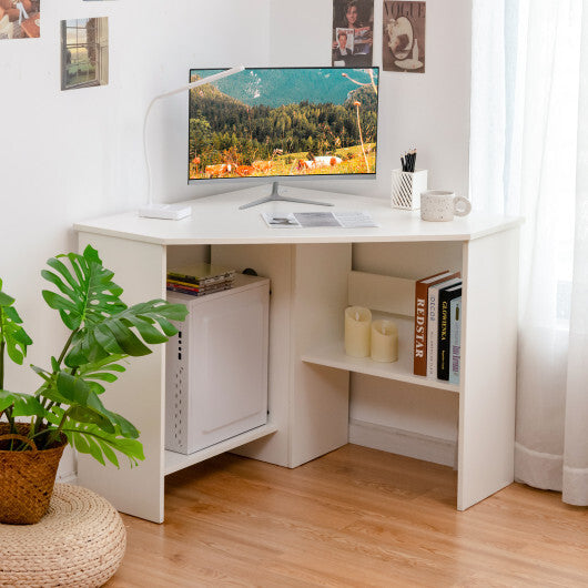 Costway Corner Computer Desk Triangle Writing Workstation with Storage Shelf White LuxuryLifeWay Online Store