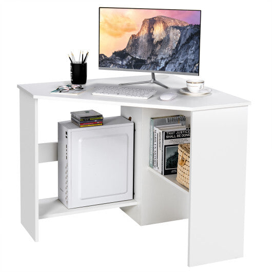 Costway Corner Computer Desk Triangle Writing Workstation with Storage Shelf White LuxuryLifeWay Online Store