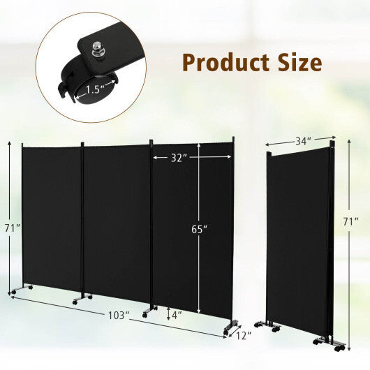 Costway 3-Panel Folding Room Divider 6Ft Rolling Privacy Screen with Lockable Wheels Black LuxuryLifeWay Online Store
