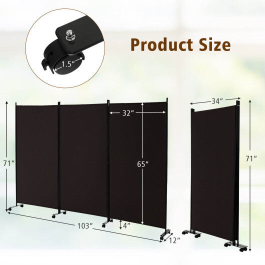 Costway 3-Panel Folding Room Divider 6Ft Rolling Privacy Screen with Lockable Wheels Brown LuxuryLifeWay Online Store