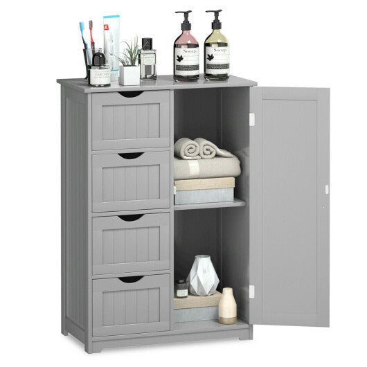 Costway Bathroom Storage Wooden 4 Drawer Cabinet Cupboard 2 Shelves Free Standing Grey