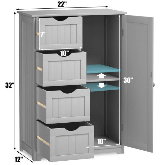 Costway Bathroom Storage Wooden 4 Drawer Cabinet Cupboard 2 Shelves Free Standing Grey