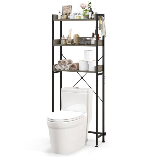 Costway Over The Toilet Storage Rack with Hooks and Adjustable Bottom Bar-Gray LuxuryLifeWay Online Store
