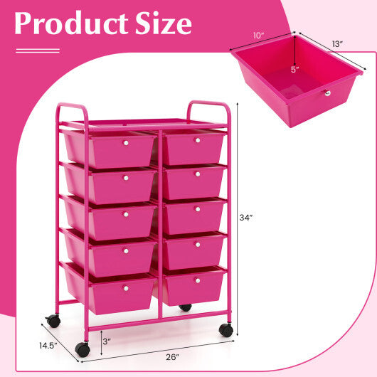 Costway 10-Drawer Rolling Storage Cart-Pink LuxuryLifeWay Online Store