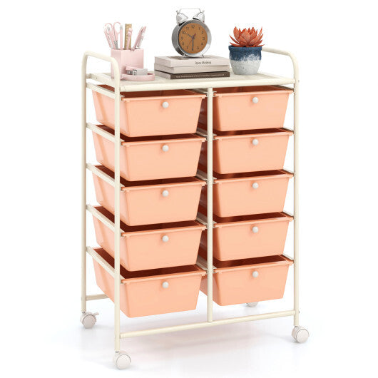 Costway 10-Drawer Rolling Storage Cart-Peach LuxuryLifeWay Online Store