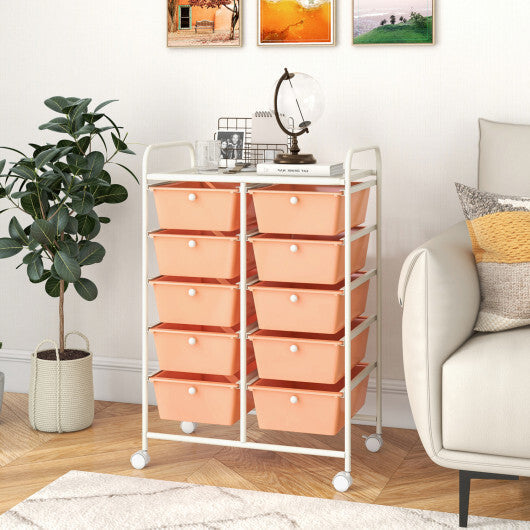 Costway 10-Drawer Rolling Storage Cart-Peach LuxuryLifeWay Online Store