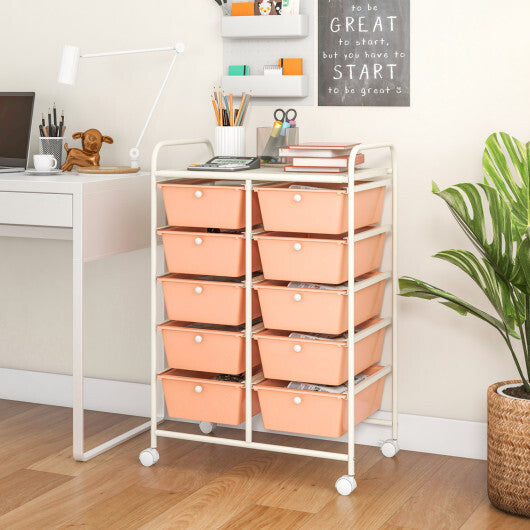 Costway 10-Drawer Rolling Storage Cart-Peach LuxuryLifeWay Online Store