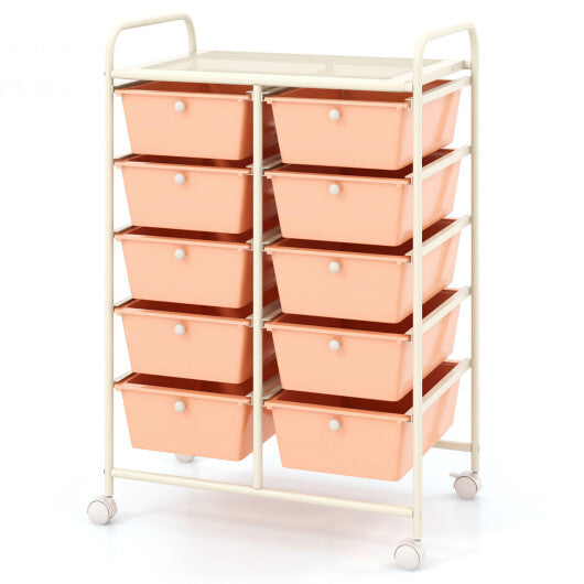 Costway 10-Drawer Rolling Storage Cart-Peach LuxuryLifeWay Online Store