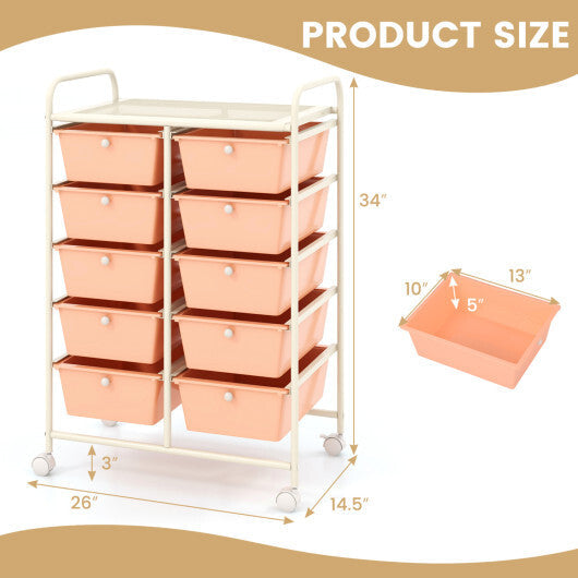 Costway 10-Drawer Rolling Storage Cart-Peach LuxuryLifeWay Online Store