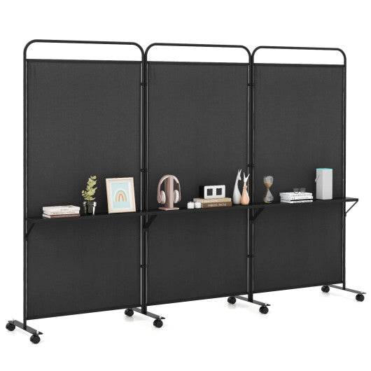 Costway 3-Panel Folding Room Divider with 3 Metal Shelves and Lockable Wheels-Black LuxuryLifeWay Online Store
