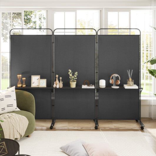 Costway 3-Panel Folding Room Divider with 3 Metal Shelves and Lockable Wheels-Black LuxuryLifeWay Online Store