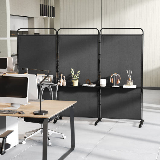 Costway 3-Panel Folding Room Divider with 3 Metal Shelves and Lockable Wheels-Black LuxuryLifeWay Online Store