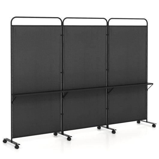 Costway 3-Panel Folding Room Divider with 3 Metal Shelves and Lockable Wheels-Black LuxuryLifeWay Online Store