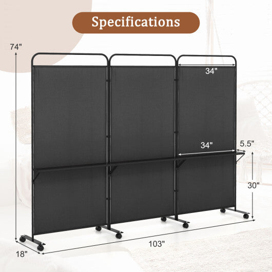 Costway 3-Panel Folding Room Divider with 3 Metal Shelves and Lockable Wheels-Black LuxuryLifeWay Online Store