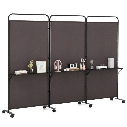 Costway 3-Panel Folding Room Divider with 3 Metal Shelves and Lockable Wheels-Brown LuxuryLifeWay Online Store