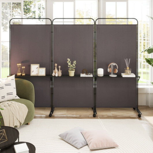 Costway 3-Panel Folding Room Divider with 3 Metal Shelves and Lockable Wheels-Brown LuxuryLifeWay Online Store