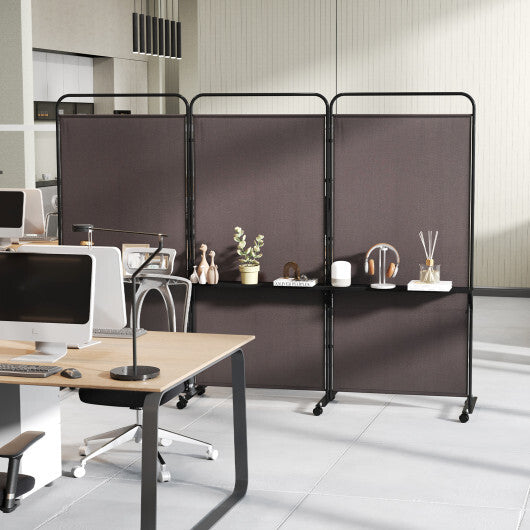 Costway 3-Panel Folding Room Divider with 3 Metal Shelves and Lockable Wheels-Brown LuxuryLifeWay Online Store