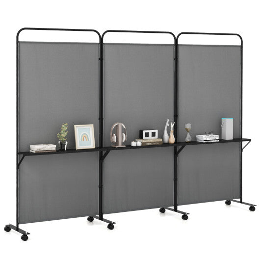 Costway 3-Panel Folding Room Divider with 3 Metal Shelves and Lockable Wheels-Gray LuxuryLifeWay Online Store