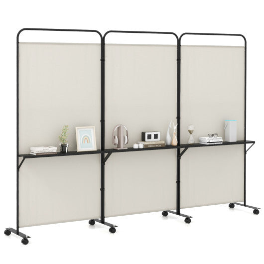 Costway 3-Panel Folding Room Divider with 3 Metal Shelves and Lockable Wheels-White LuxuryLifeWay Online Store