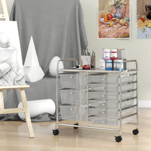 Costway 9-Drawer Rolling Storage Cart with Colorful Drawers and Metal Frame-Transparent LuxuryLifeWay Online Store
