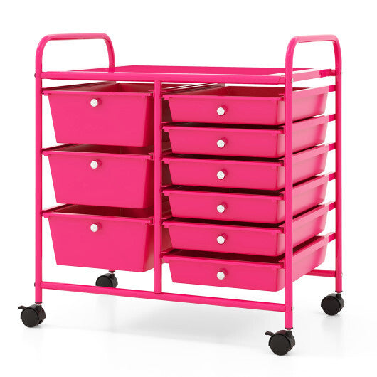 Costway 9-Drawer Rolling Storage Cart with Colorful Drawers and Metal Frame-Light Pink LuxuryLifeWay Online Store