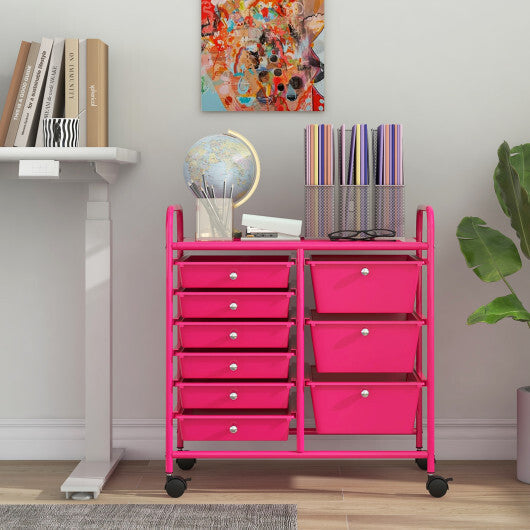Costway 9-Drawer Rolling Storage Cart with Colorful Drawers and Metal Frame-Light Pink LuxuryLifeWay Online Store