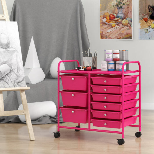 Costway 9-Drawer Rolling Storage Cart with Colorful Drawers and Metal Frame-Light Pink LuxuryLifeWay Online Store