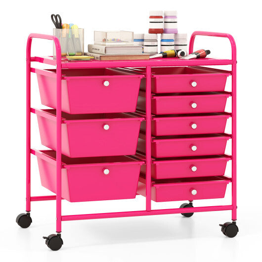 Costway 9-Drawer Rolling Storage Cart with Colorful Drawers and Metal Frame-Light Pink LuxuryLifeWay Online Store