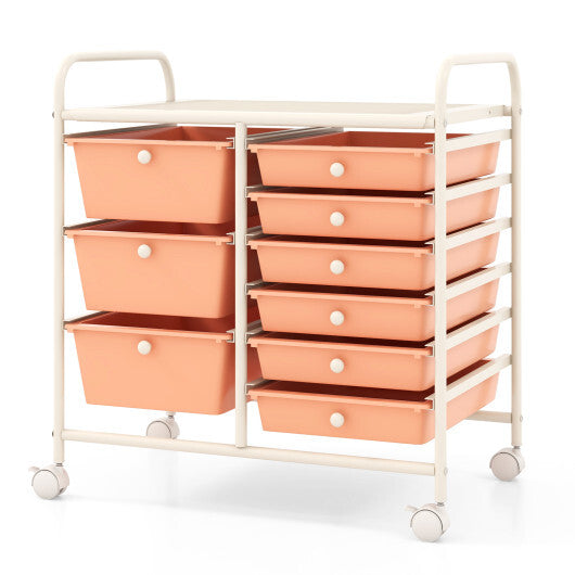 Costway 9-Drawer Rolling Storage Cart with Colorful Drawers and Metal Frame-Peach LuxuryLifeWay Online Store
