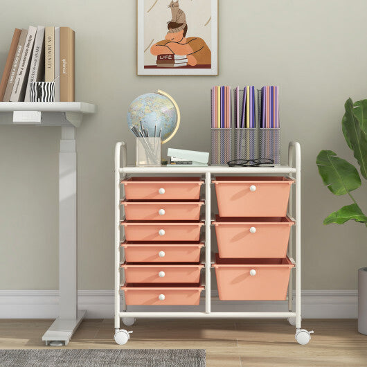 Costway 9-Drawer Rolling Storage Cart with Colorful Drawers and Metal Frame-Peach LuxuryLifeWay Online Store