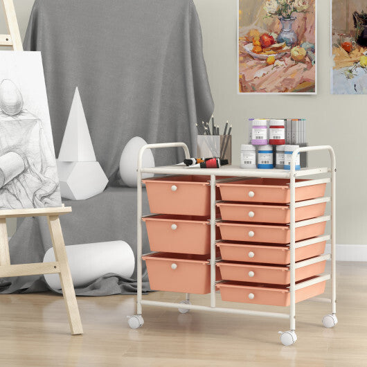 Costway 9-Drawer Rolling Storage Cart with Colorful Drawers and Metal Frame-Peach LuxuryLifeWay Online Store