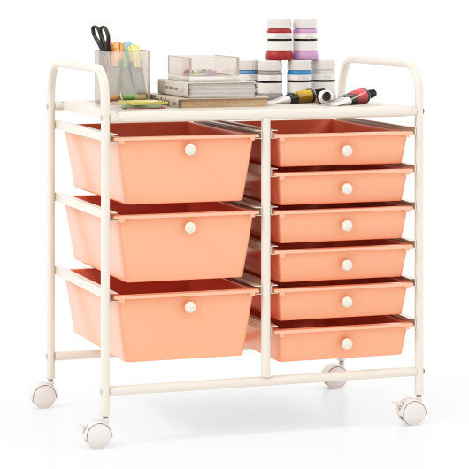 Costway 9-Drawer Rolling Storage Cart with Colorful Drawers and Metal Frame-Peach LuxuryLifeWay Online Store