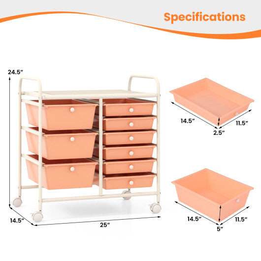 Costway 9-Drawer Rolling Storage Cart with Colorful Drawers and Metal Frame-Peach LuxuryLifeWay Online Store
