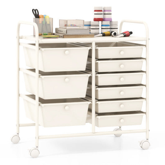 Costway 9-Drawer Rolling Storage Cart with Colorful Drawers and Metal Frame-White LuxuryLifeWay Online Store