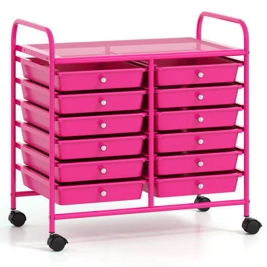 Costway 12 Drawers Rolling Storage Cart for Home and Office-Hot Pink LuxuryLifeWay Online Store