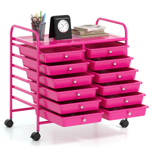 Costway 12 Drawers Rolling Storage Cart for Home and Office-Hot Pink LuxuryLifeWay Online Store