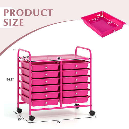 Costway 12 Drawers Rolling Storage Cart for Home and Office-Hot Pink LuxuryLifeWay Online Store