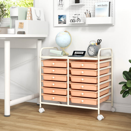 Costway 12 Drawers Rolling Storage Cart for Home and Office-Peach LuxuryLifeWay Online Store