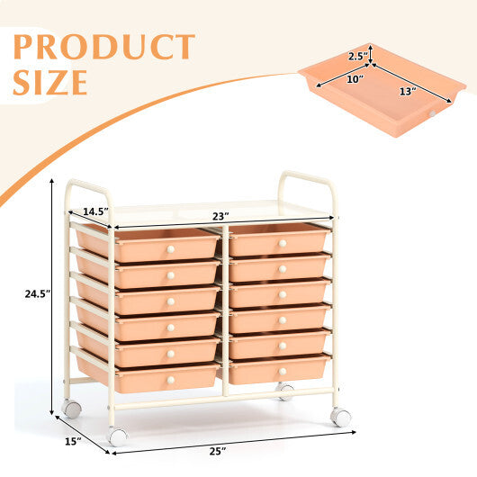 Costway 12 Drawers Rolling Storage Cart for Home and Office-Peach LuxuryLifeWay Online Store