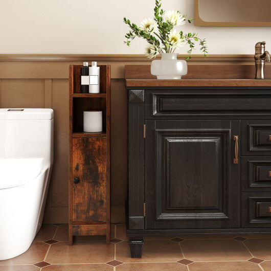 Costway Bathroom Slim Cabinet Corner with Door and Adjustable Shelf-Rustic Brown