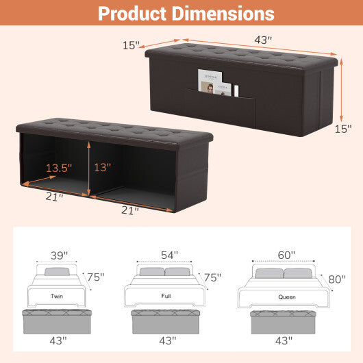 Costway 43 Inches Folding Storage Ottoman Bench Foot Rest Stool End of Bed Bench Brown LuxuryLifeWay Online Store